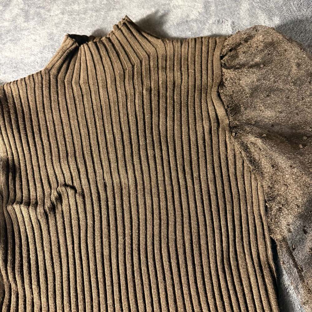 Miss Selfie Mock Neck Ribbed Knit Sweater with Sheer Puff Sleeves